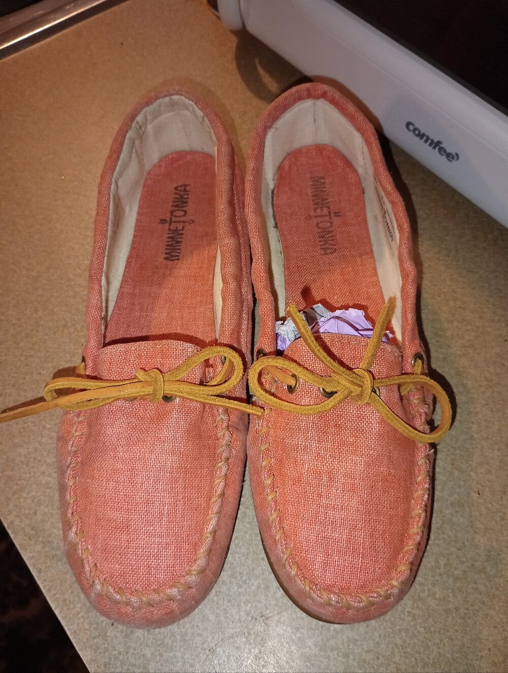 Minnetonka Coral Canvas Moccasins with Tan Laces